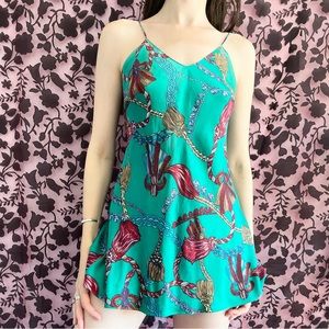 Vintage Y2K Victoria’s Secret Turquoise 100% Silk Tassel Print  Slip Dress